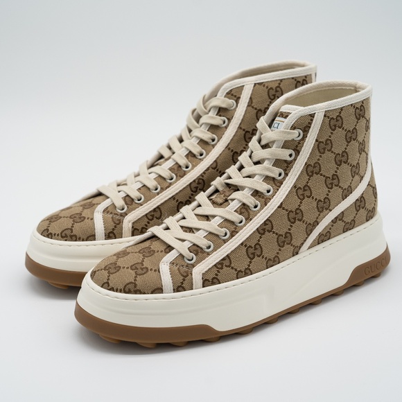 size 10.5G 11 US Gucci Tennis Platform GG Canvas Beige Brown Sneakers High Top